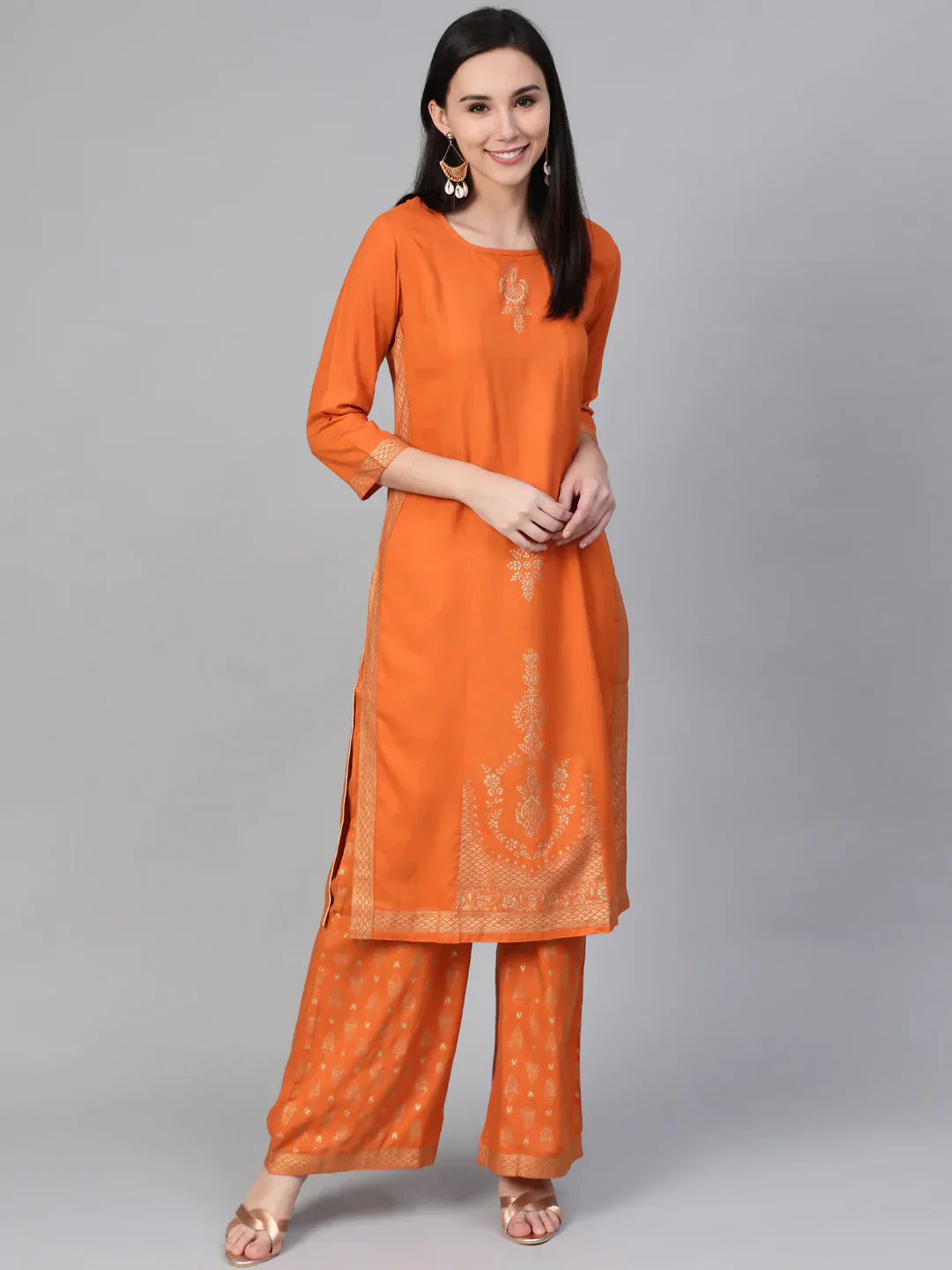 Jompers Women's Orange & Golden Block Printed Kurta with Palazzos