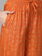 Jompers Women's Orange & Golden Block Printed Kurta with Palazzos