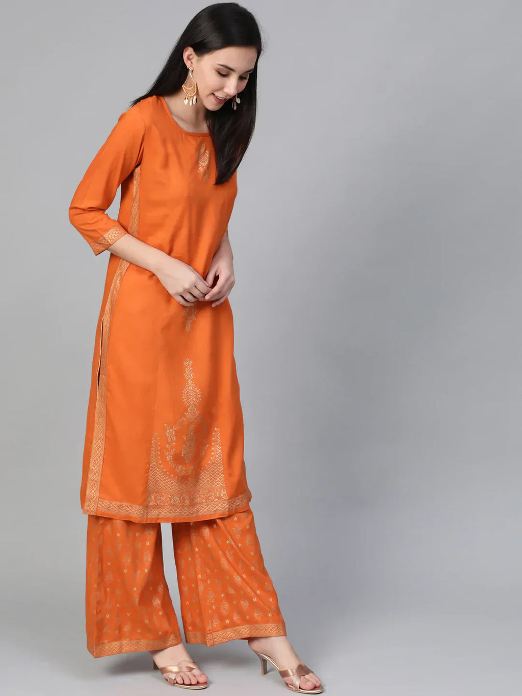 Jompers Women's Orange & Golden Block Printed Kurta with Palazzos