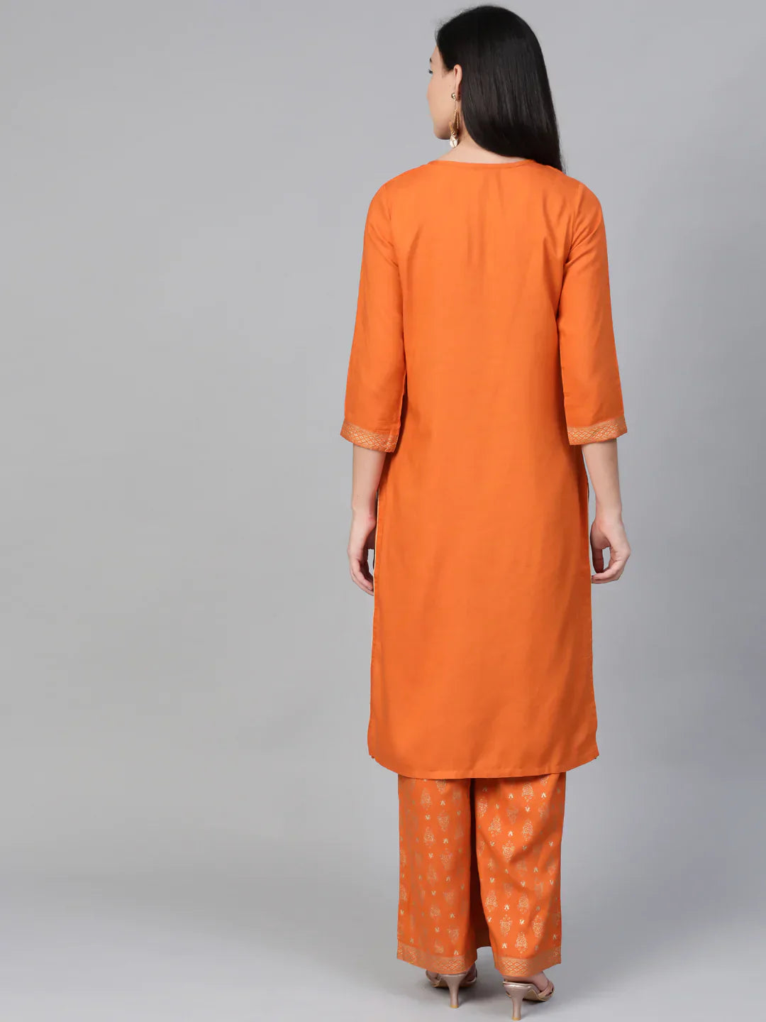 Jompers Women's Orange & Golden Block Printed Kurta with Palazzos