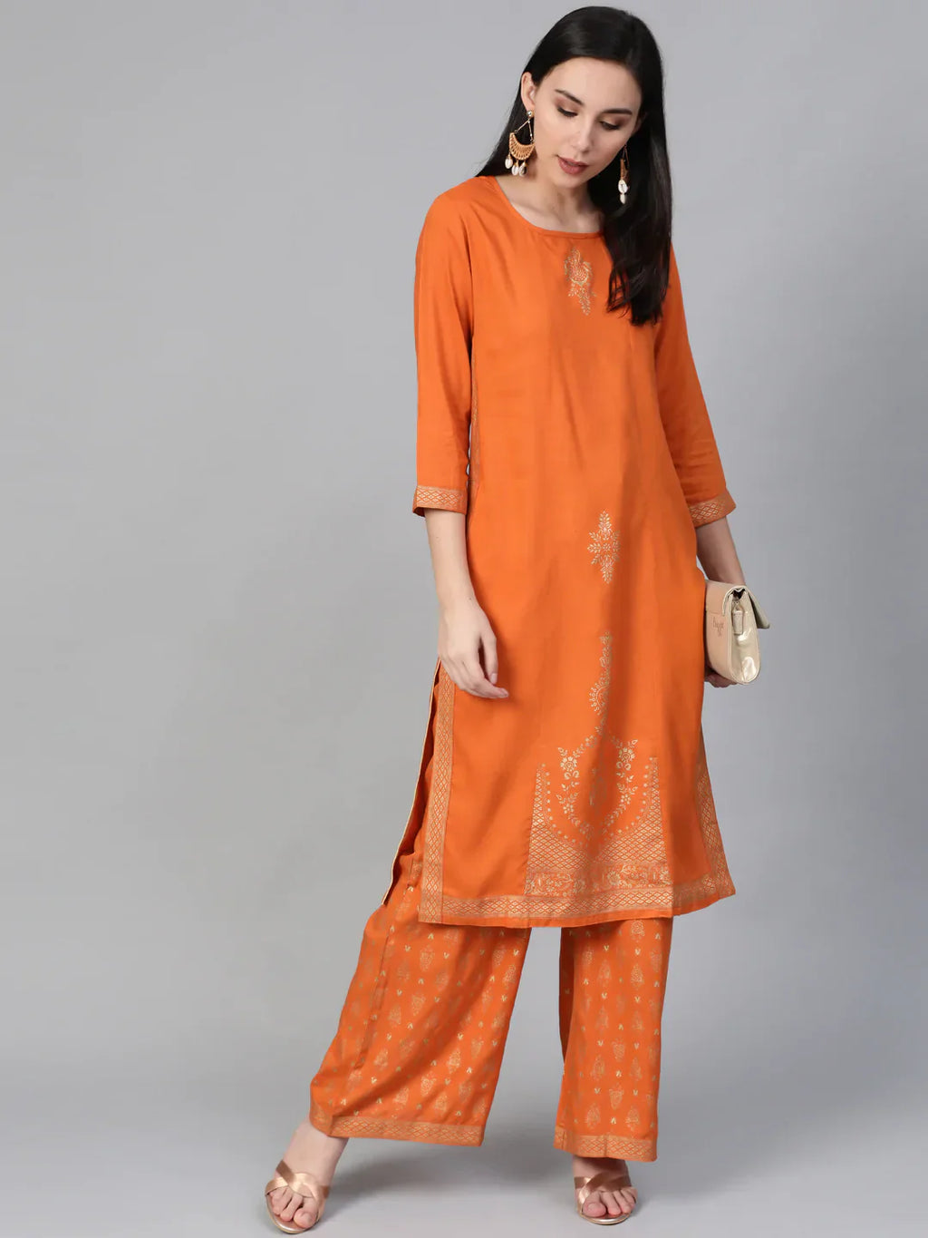 Jompers Women's Orange & Golden Block Printed Kurta with Palazzos