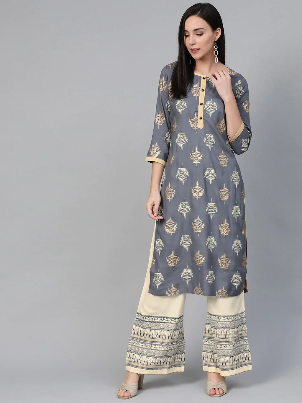 Jompers Women's Grey & Cream-Coloured Block Print Kurta with Palazzos