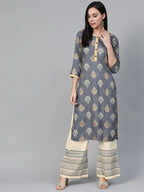 Jompers Women's Grey & Cream-Coloured Block Print Kurta with Palazzos