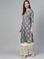 Jompers Women's Grey & Cream-Coloured Block Print Kurta with Palazzos