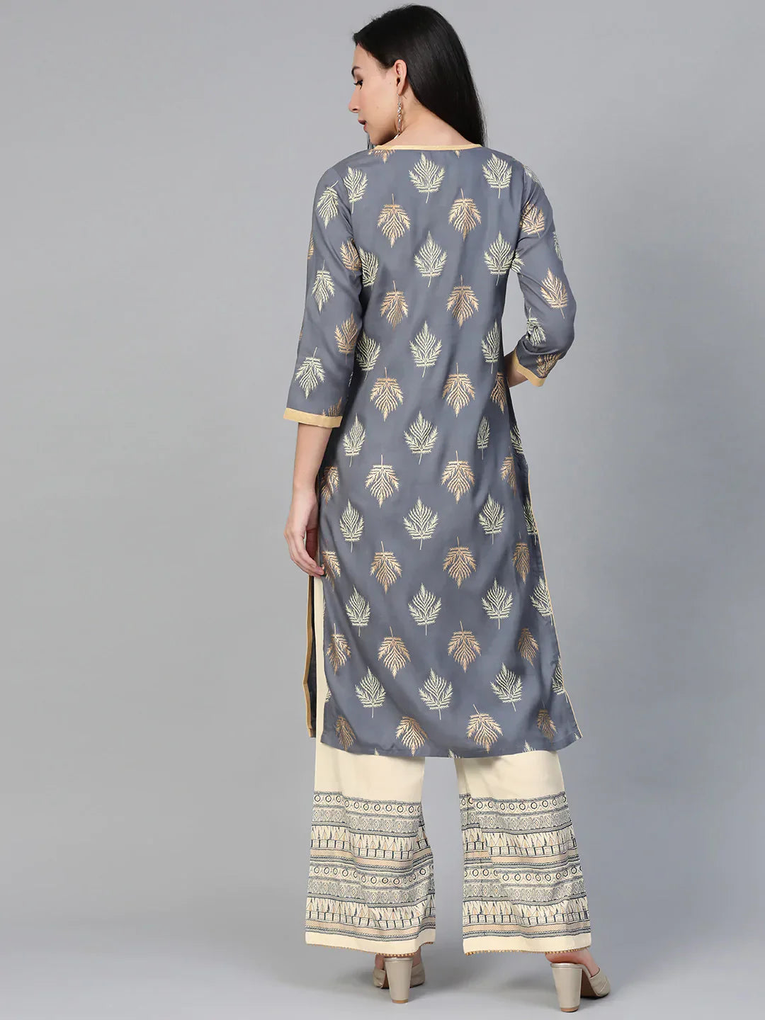 Jompers Women's Grey & Cream-Coloured Block Print Kurta with Palazzos