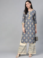 Jompers Women's Grey & Cream-Coloured Block Print Kurta with Palazzos