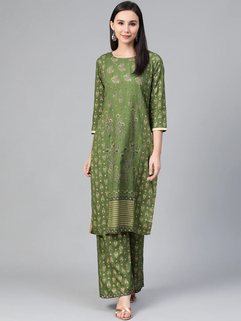 Jompers Women's Green & Golden Block Printed Kurta with Palazzos