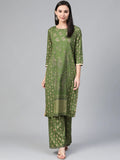 Jompers Women's Green & Golden Block Printed Kurta with Palazzos