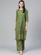 Jompers Women's Green & Golden Block Printed Kurta with Palazzos