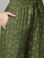 Jompers Women's Green & Golden Block Printed Kurta with Palazzos