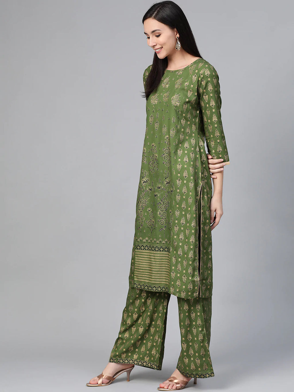 Jompers Women's Green & Golden Block Printed Kurta with Palazzos