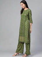 Jompers Women's Green & Golden Block Printed Kurta with Palazzos