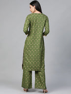 Jompers Women's Green & Golden Block Printed Kurta with Palazzos