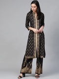 Jompers Women's Black & Golden Block Print Kurta with Palazzos