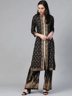 Jompers Women's Black & Golden Block Print Kurta with Palazzos