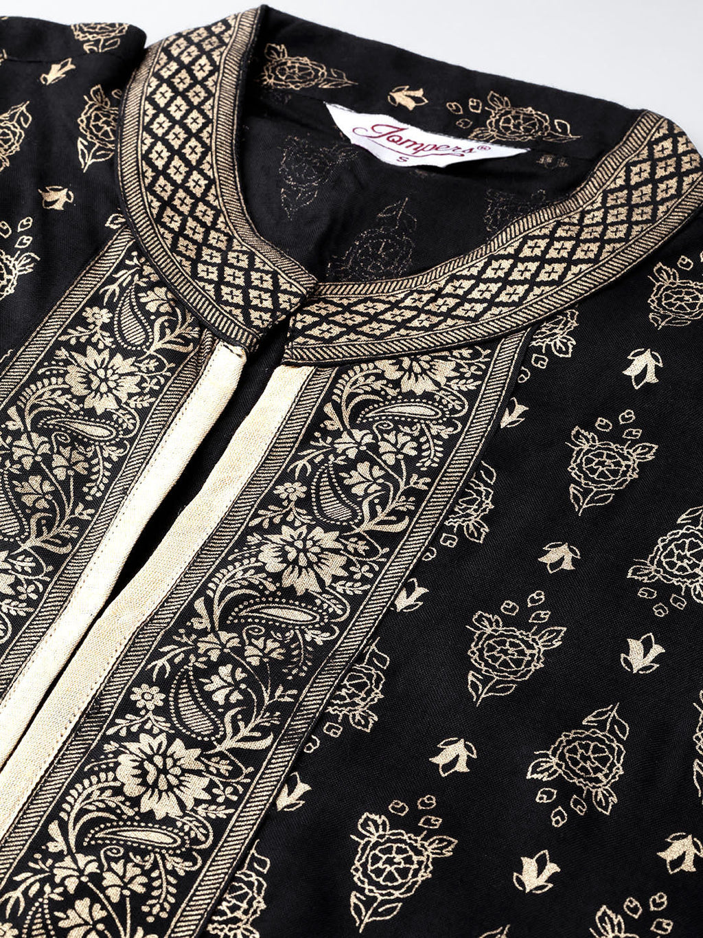 Jompers Women's Black & Golden Block Print Kurta with Palazzos