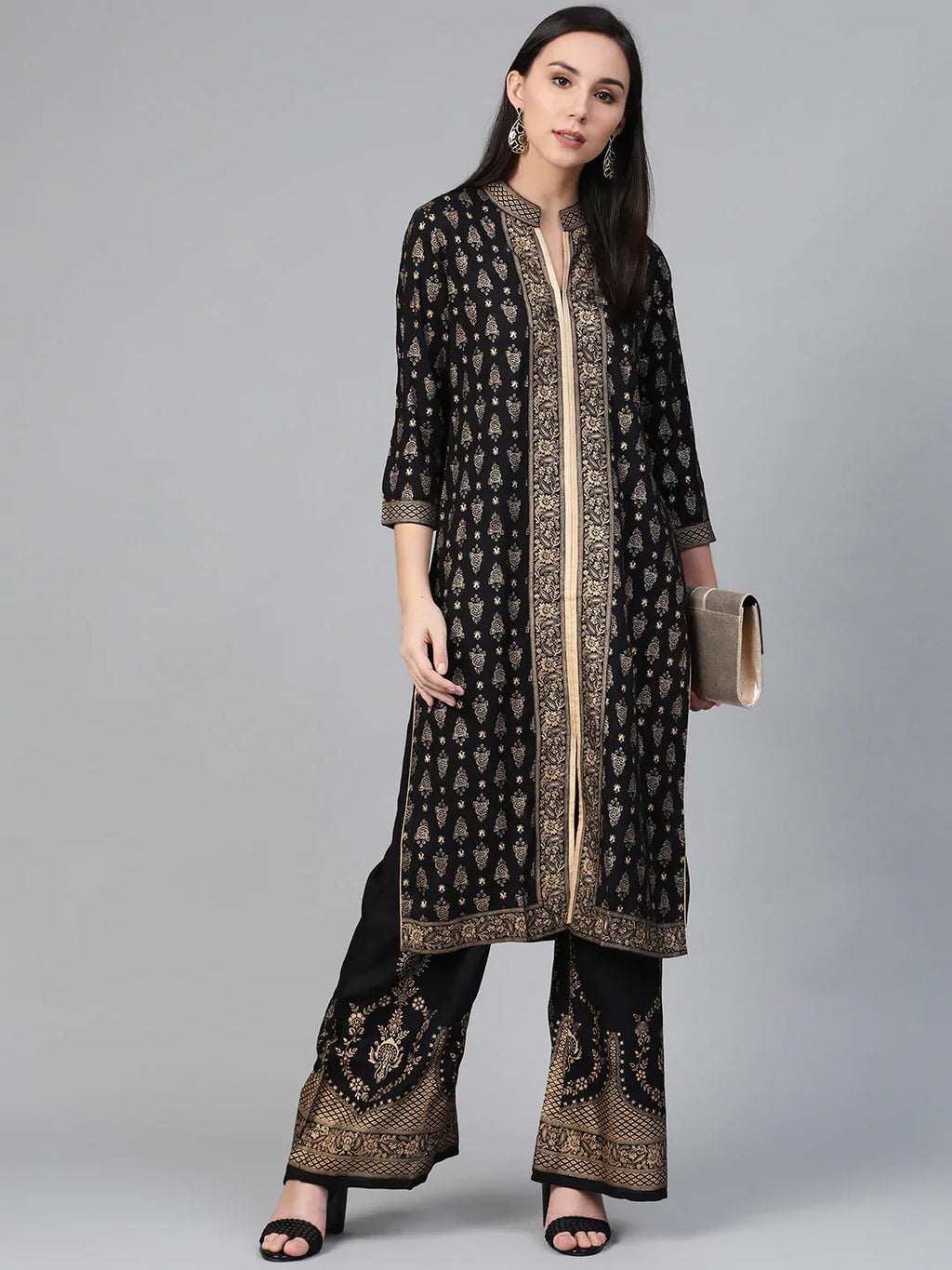 Jompers Women's Black & Golden Block Print Kurta with Palazzos