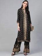 Jompers Women's Black & Golden Block Print Kurta with Palazzos