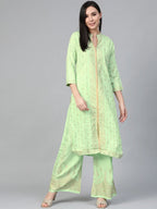 Jompers Women's Green & Golden Block Print Kurta with Palazzos