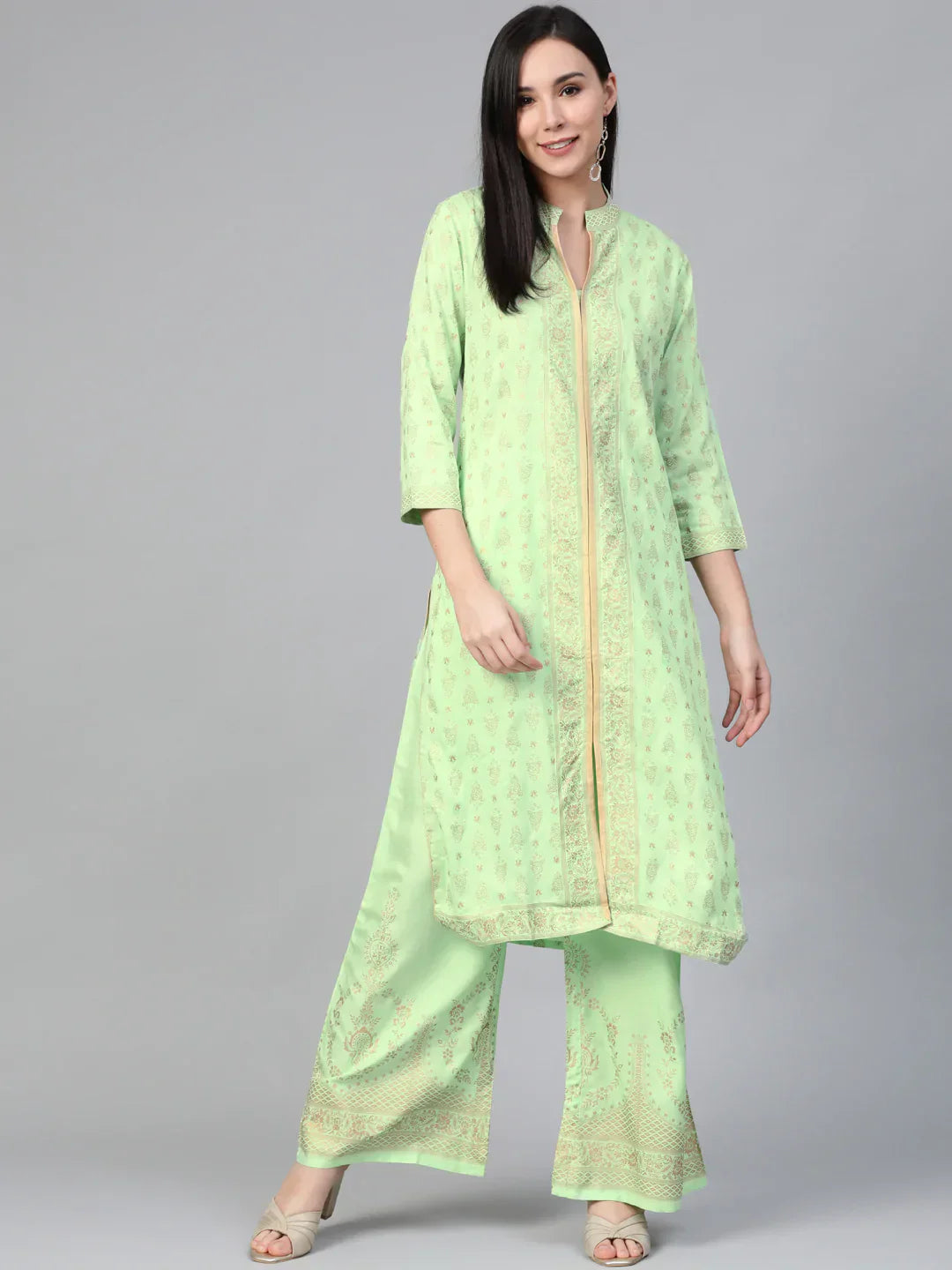 Jompers Women's Green & Golden Block Print Kurta with Palazzos