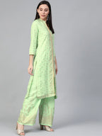 Jompers Women's Green & Golden Block Print Kurta with Palazzos