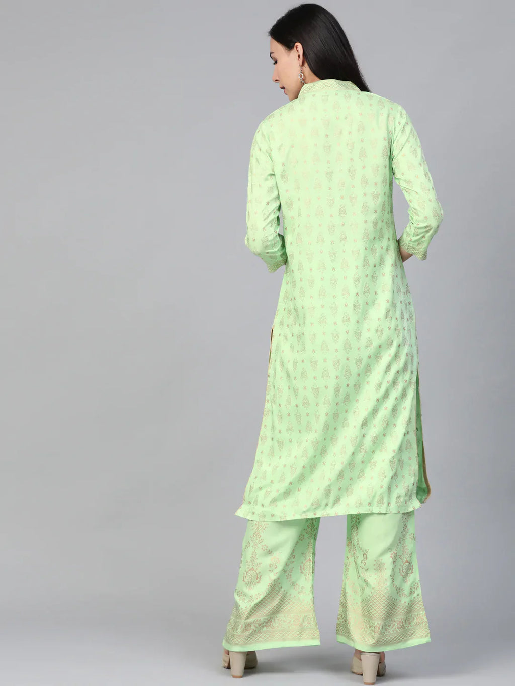 Jompers Women's Green & Golden Block Print Kurta with Palazzos