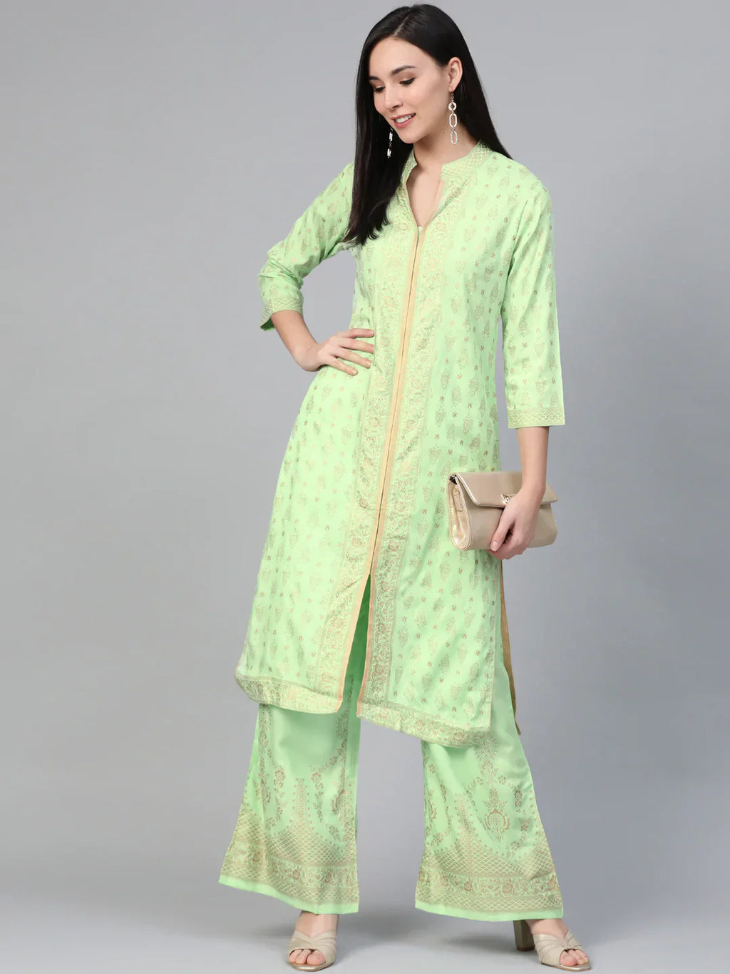 Jompers Women's Green & Golden Block Print Kurta with Palazzos
