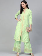 Jompers Women's Green & Golden Block Print Kurta with Palazzos