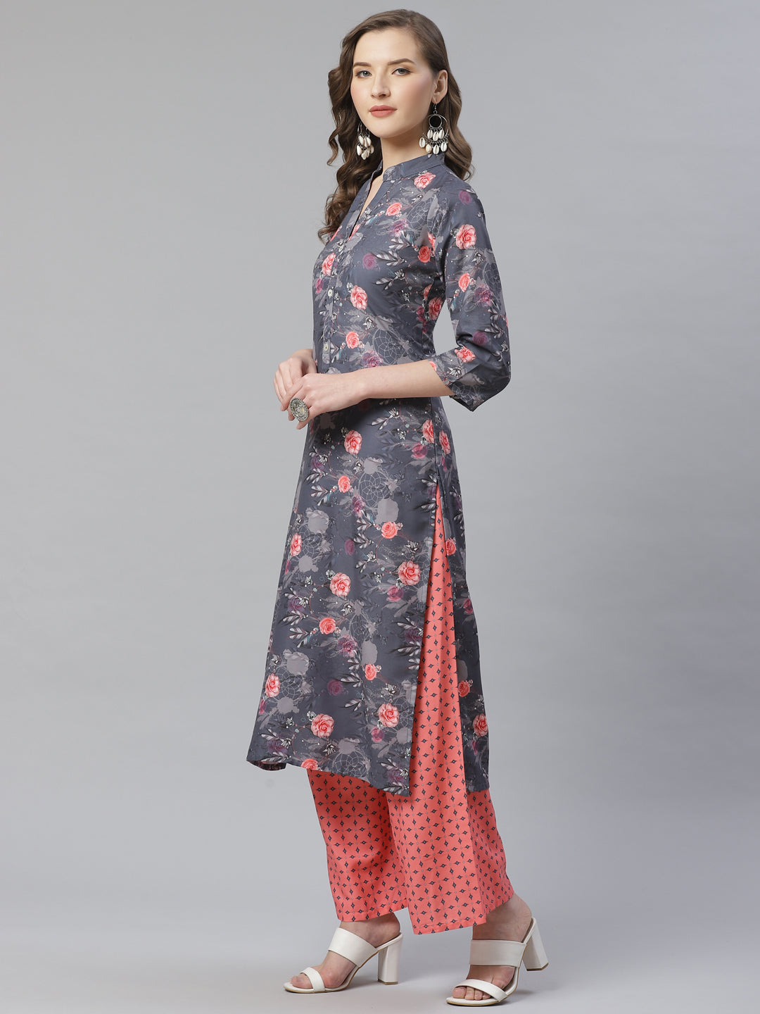 Jompers Women Charcoal Grey & Pink Floral Printed Kurta with Palazzos - Distacart