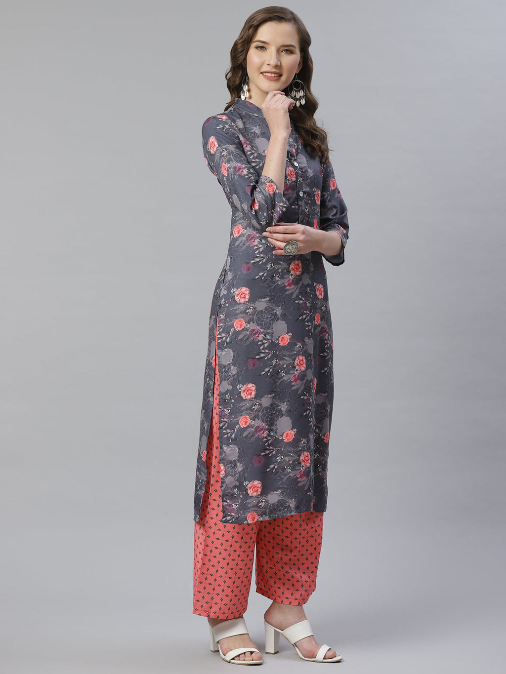 Jompers Women Charcoal Grey & Pink Floral Printed Kurta with Palazzos - Distacart