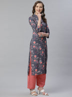 Jompers Women Charcoal Grey & Pink Floral Printed Kurta with Palazzos - Distacart