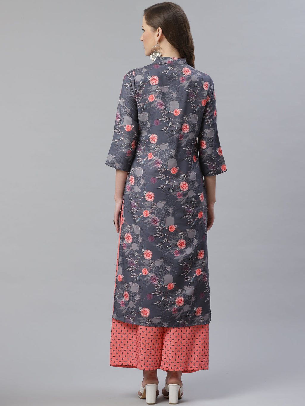 Jompers Women Charcoal Grey & Pink Floral Printed Kurta with Palazzos - Distacart