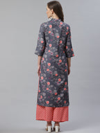 Jompers Women Charcoal Grey & Pink Floral Printed Kurta with Palazzos - Distacart
