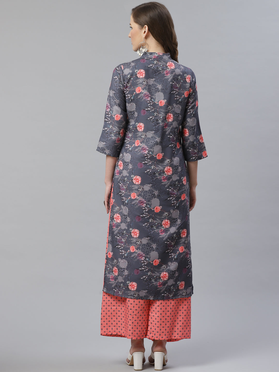 Jompers Women Charcoal Grey & Pink Floral Printed Kurta with Palazzos - Distacart