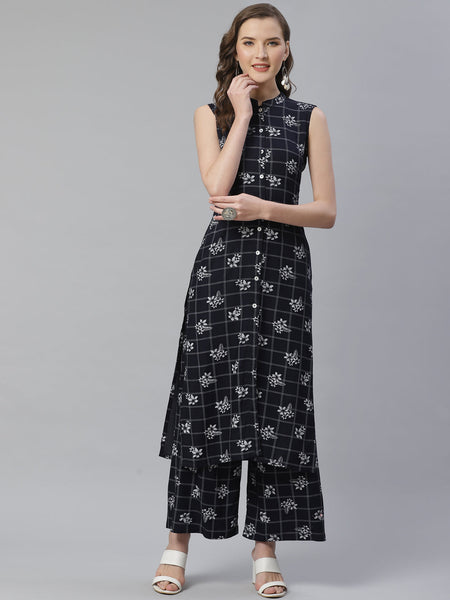 Jompers Women Black & White Floral Printed Kurta with Palazzos