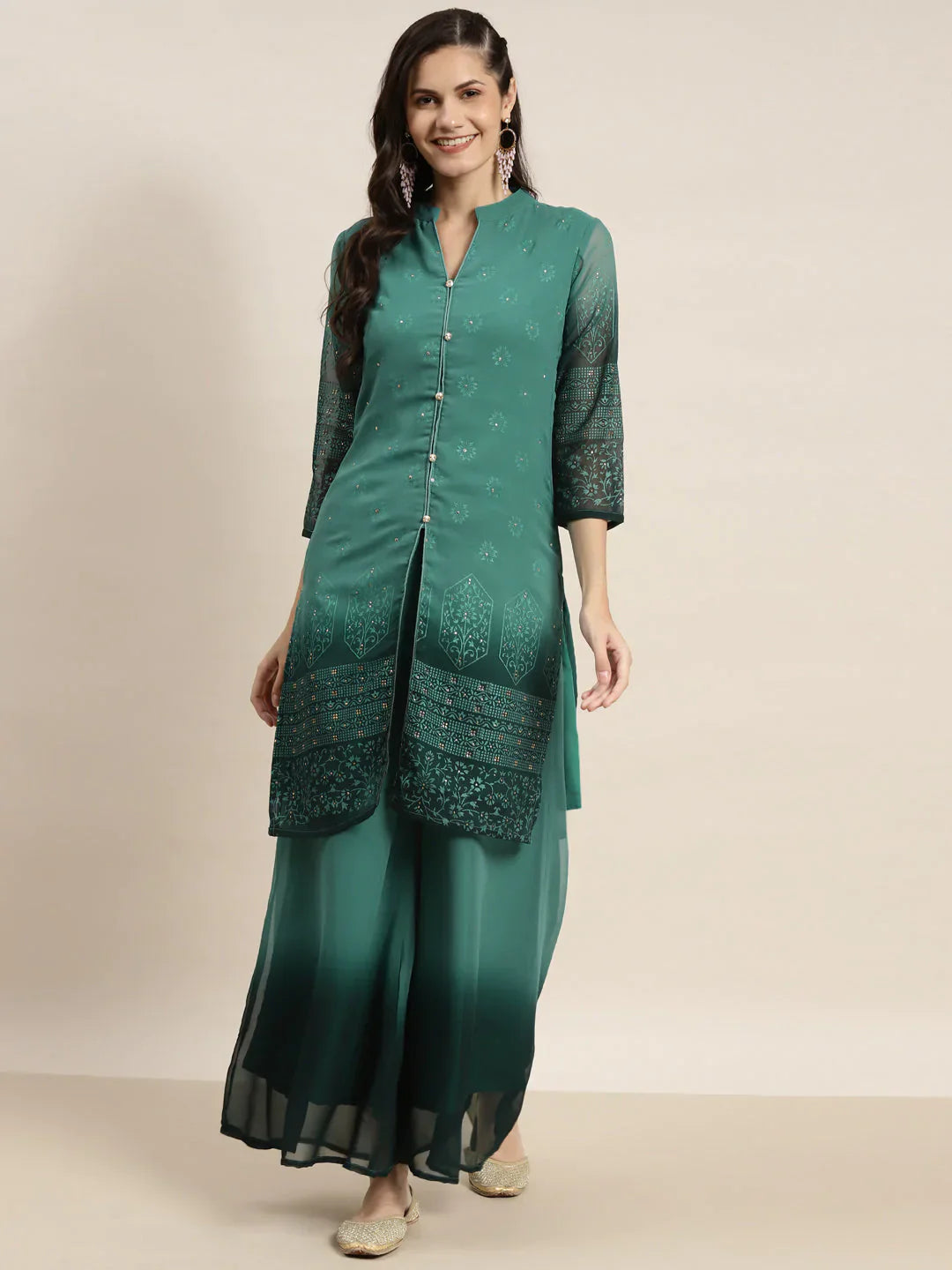 Jompers Women's Printed Mukaish Kurta with Palazzos - Green