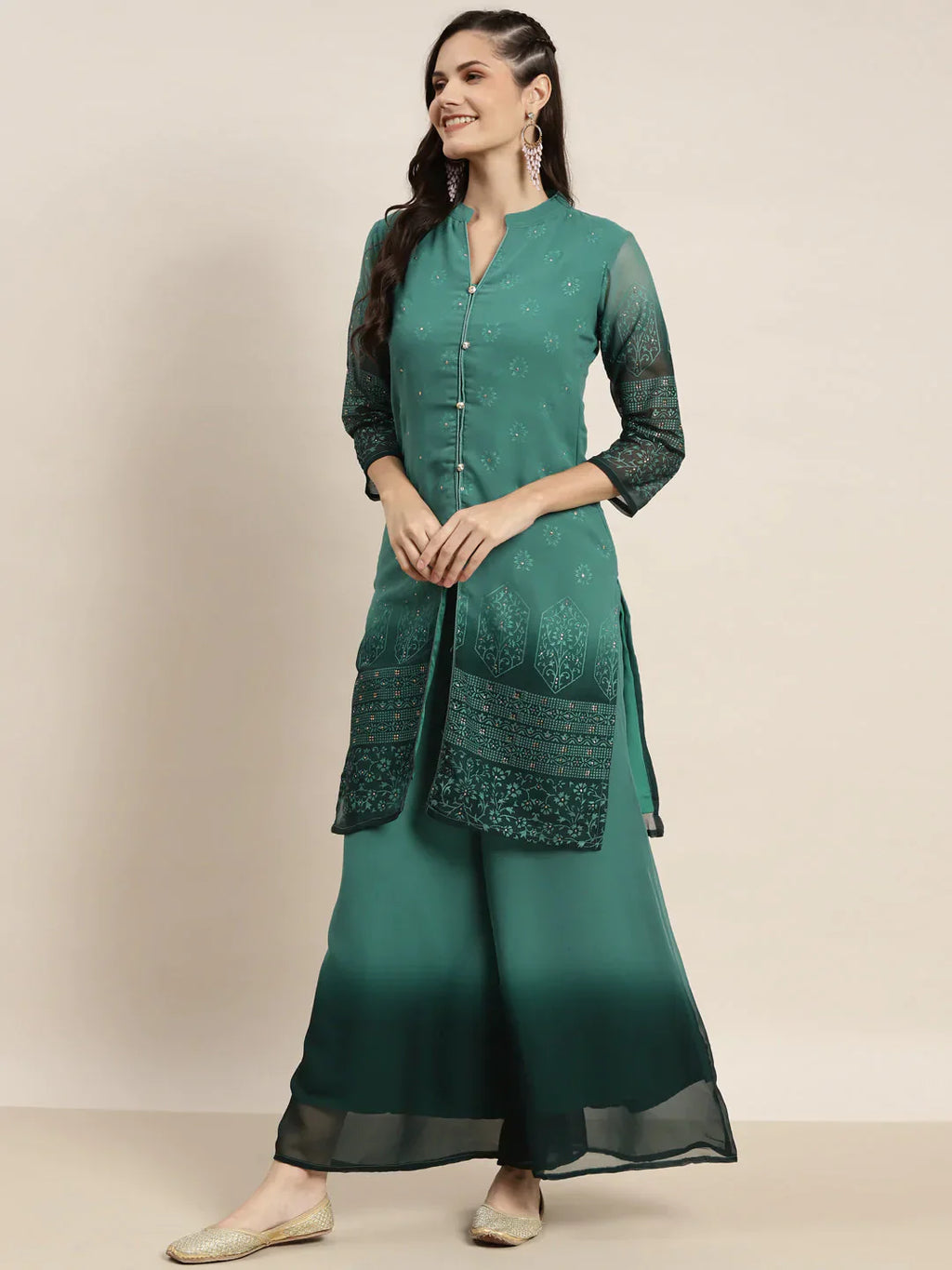 Jompers Women's Printed Mukaish Kurta with Palazzos - Green