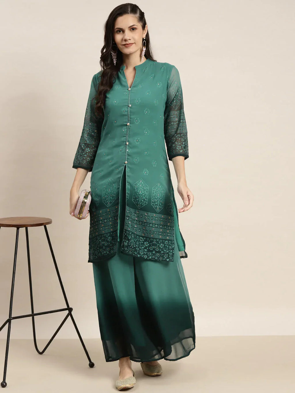 Jompers Women's Printed Mukaish Kurta with Palazzos - Green