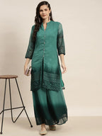 Jompers Women's Printed Mukaish Kurta with Palazzos - Green