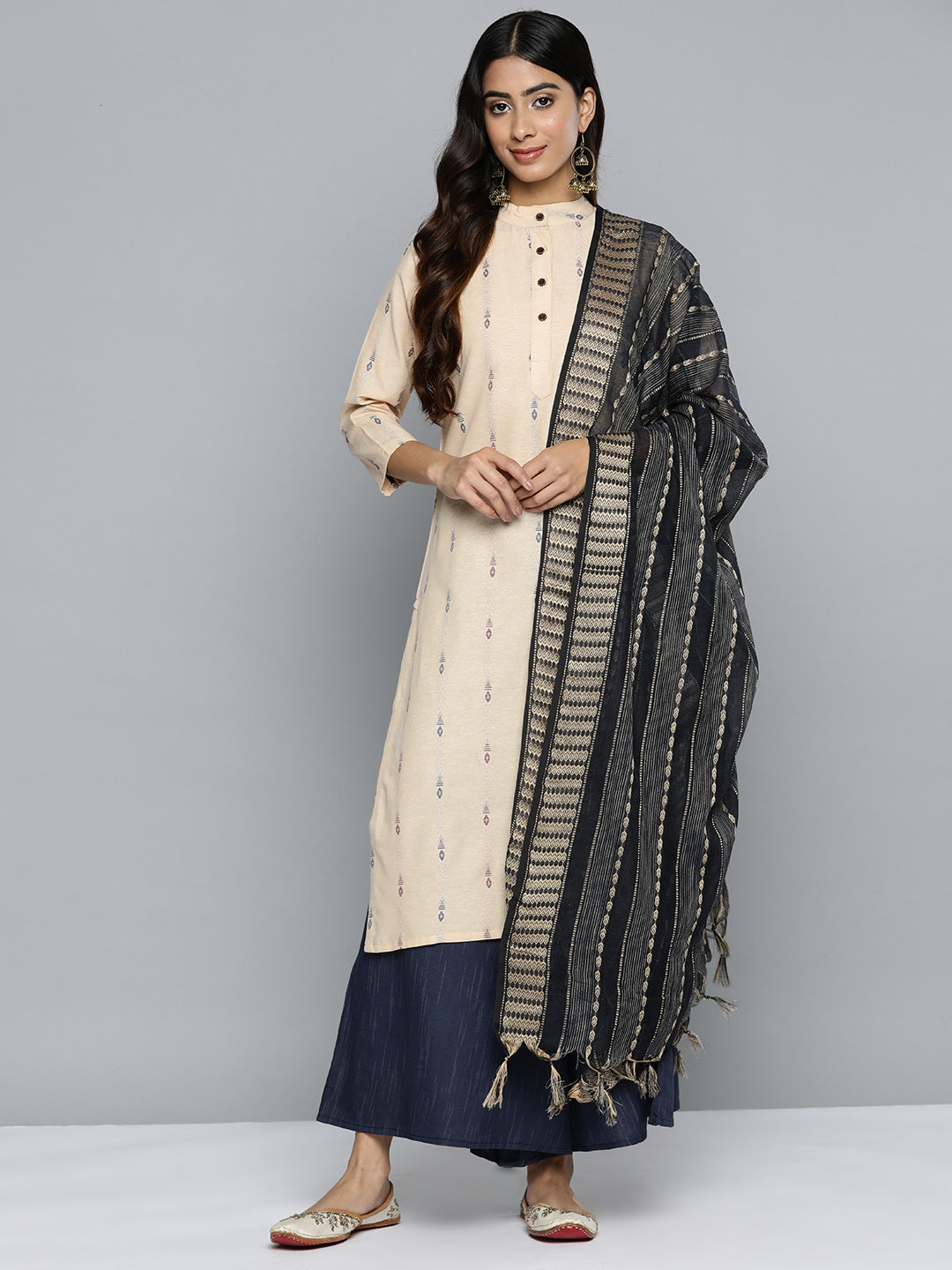Jompers Women's Woven Design Kurta With Palazzos & Dupatta - Navy Blue