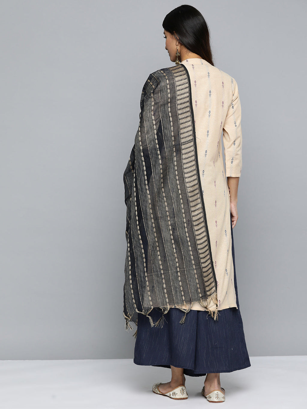 Jompers Women's Woven Design Kurta With Palazzos & Dupatta - Navy Blue