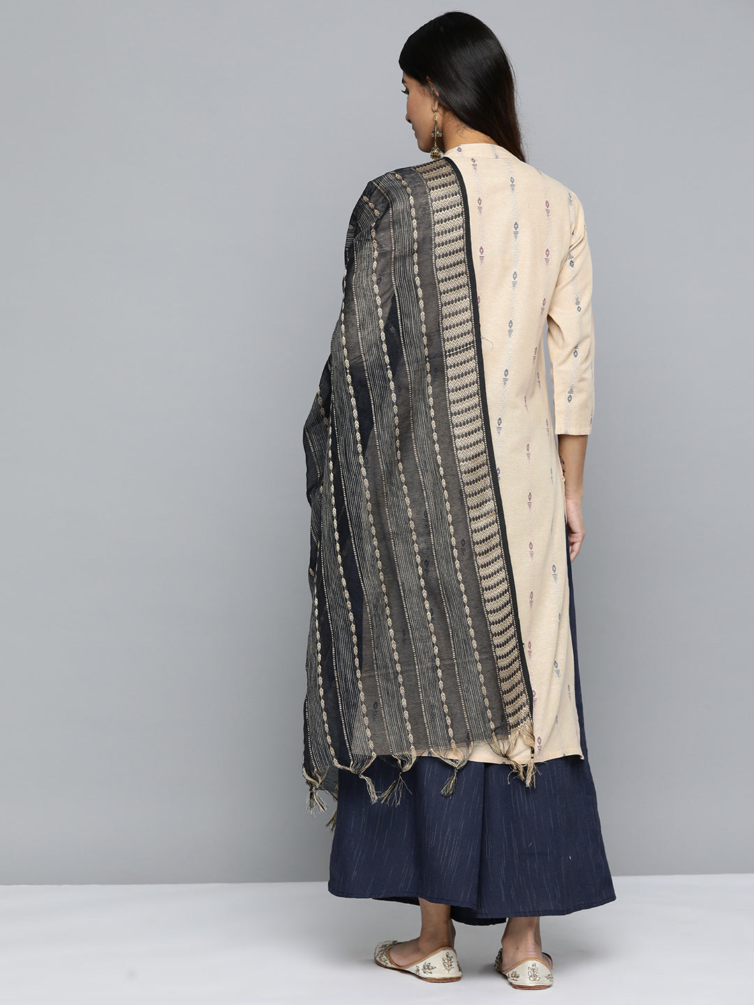 Jompers Women's Woven Design Kurta With Palazzos & Dupatta - Navy Blue