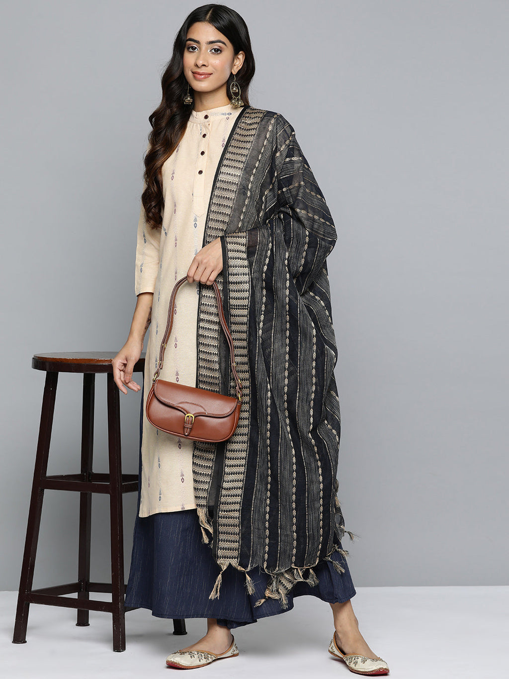 Jompers Women's Woven Design Kurta With Palazzos & Dupatta - Navy Blue