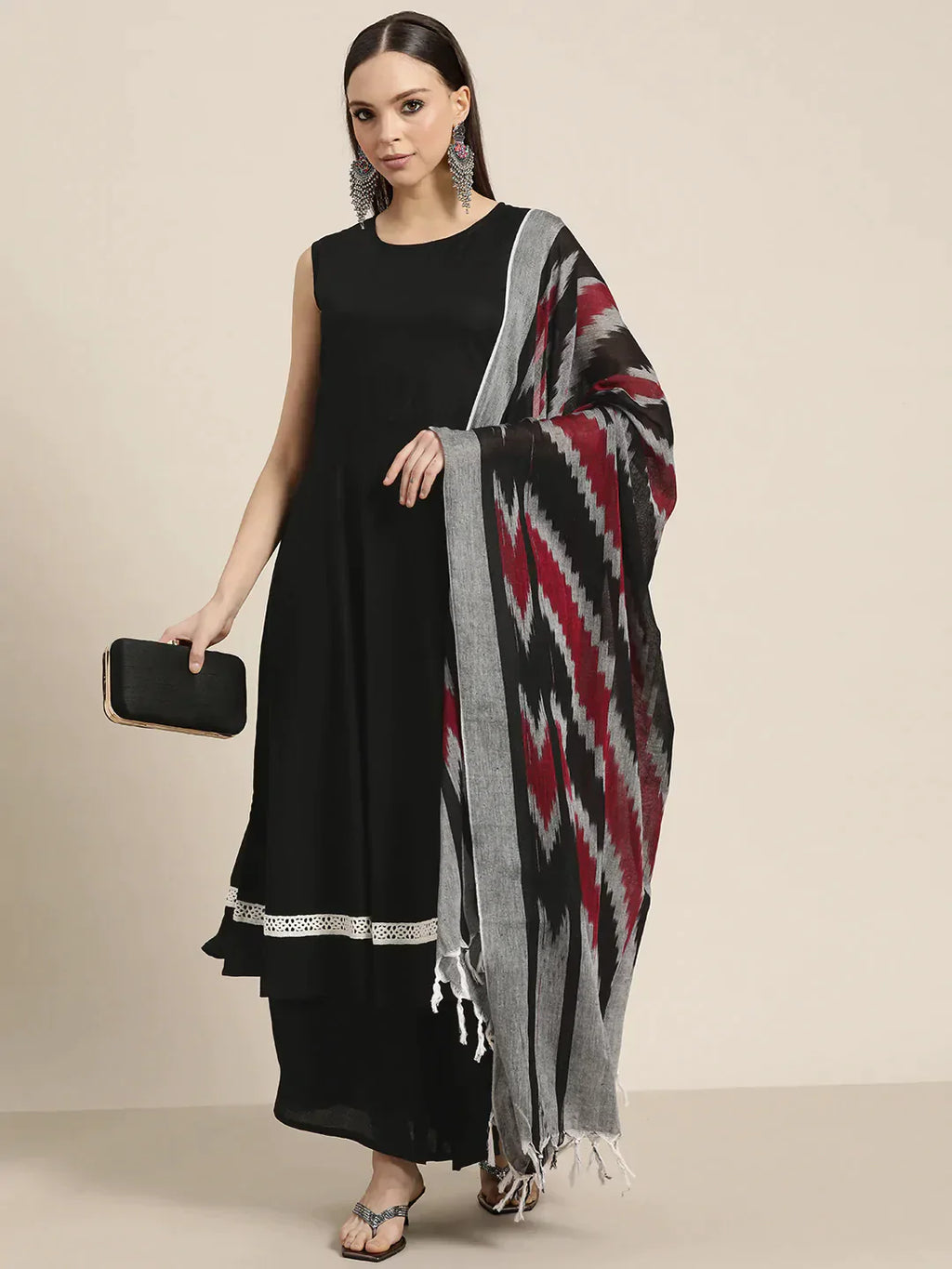 Jompers Women's Kurta with Palazzos & Ikkat Dupatta - Black
