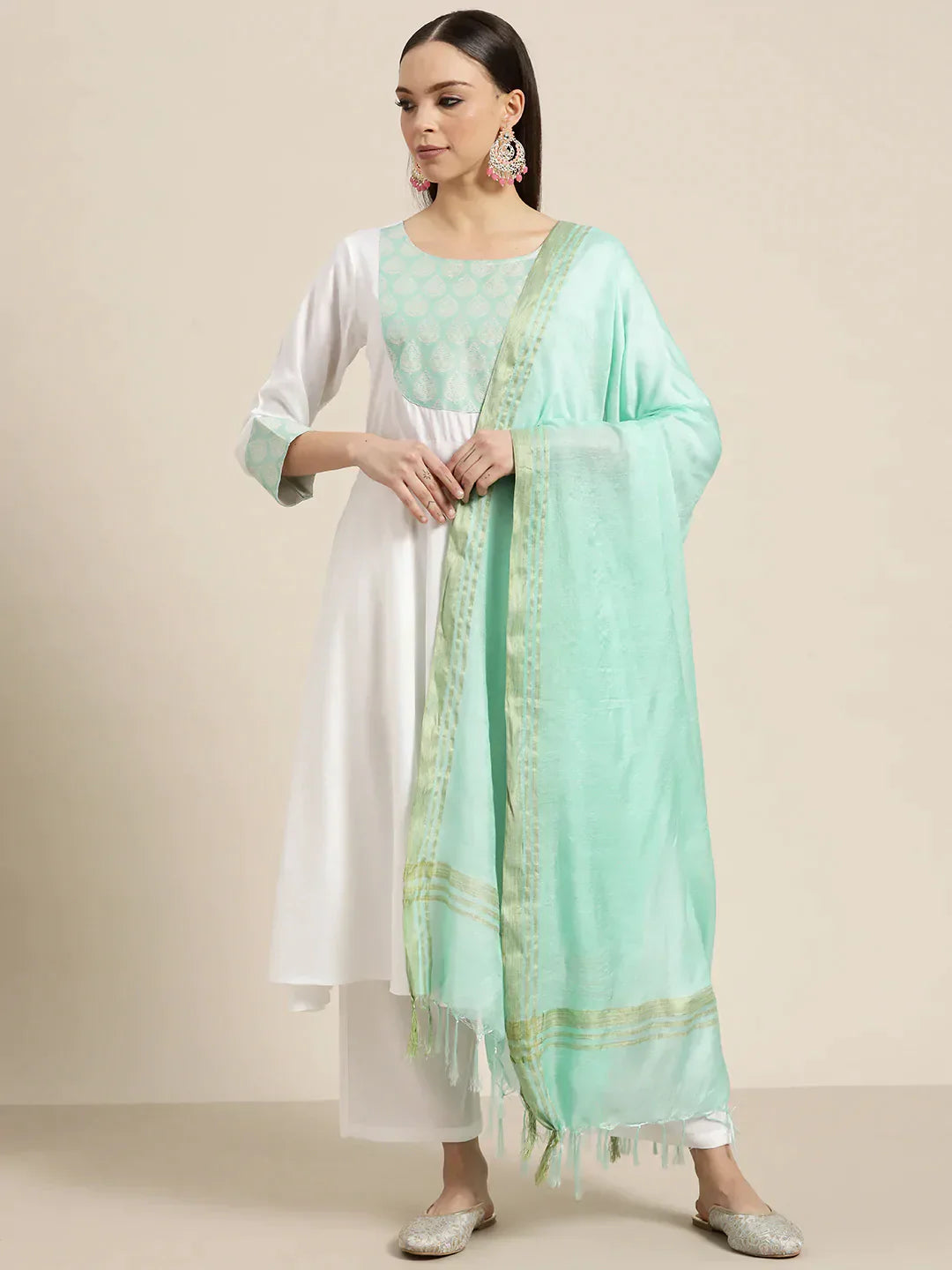 Jompers Women's Yoke Design Jacquard Kurta with Palazzos & Dupatta - Off-White