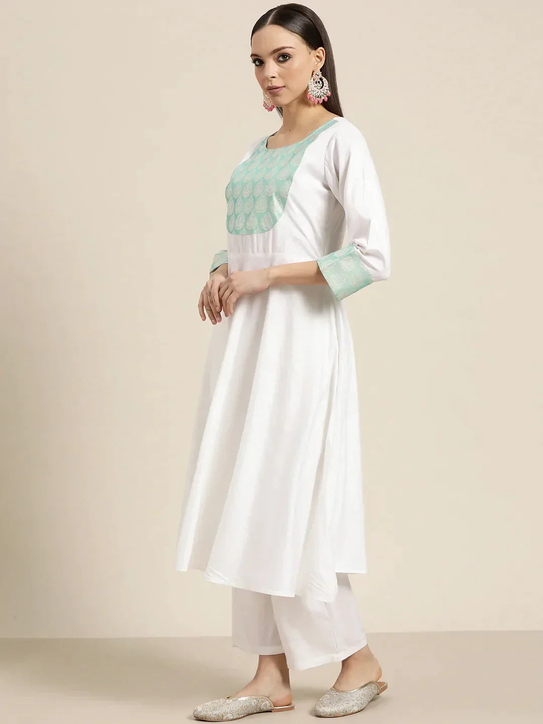 Jompers Women's Yoke Design Jacquard Kurta with Palazzos & Dupatta - Off-White
