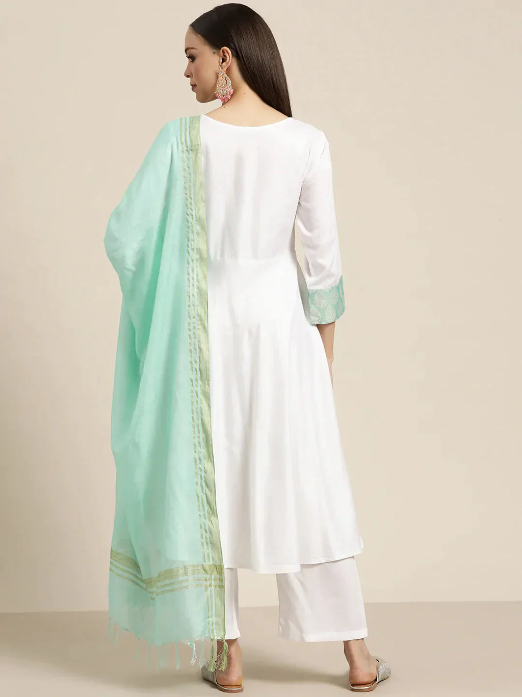 Jompers Women's Yoke Design Jacquard Kurta with Palazzos & Dupatta - Off-White