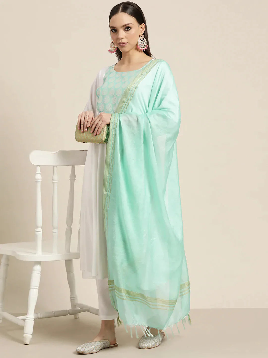 Jompers Women's Yoke Design Jacquard Kurta with Palazzos & Dupatta - Off-White