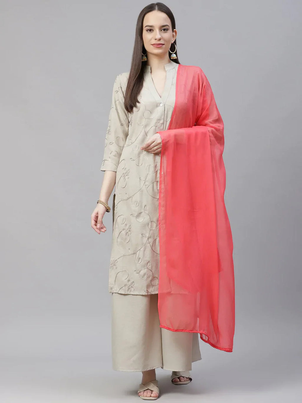 Jompers Women's Grey & Pink Floral Embroidered Regular Kurta with Palazzos & Dupatta