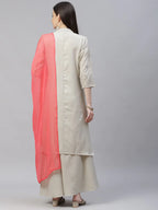 Jompers Women's Grey & Pink Floral Embroidered Regular Kurta with Palazzos & Dupatta